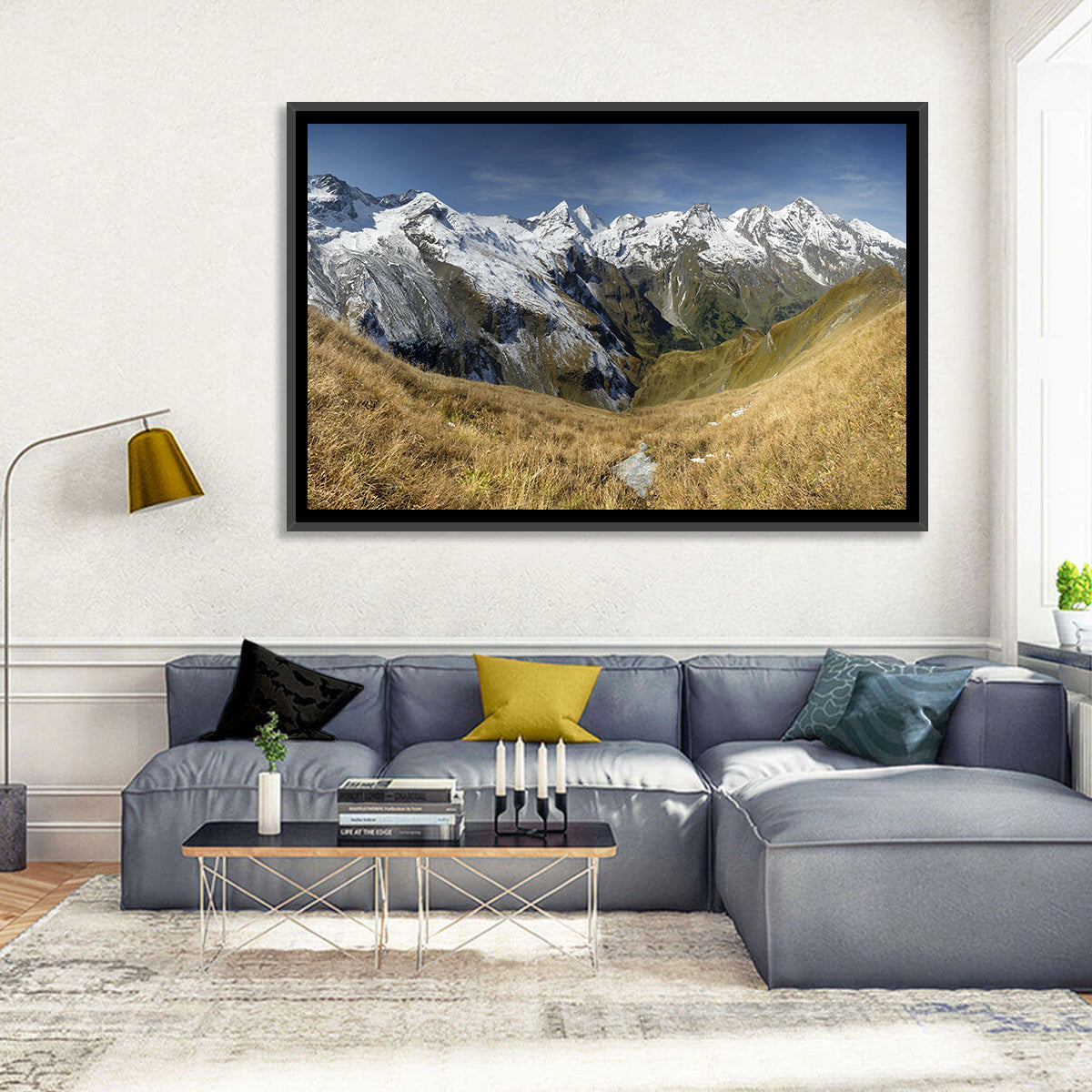 Crisp Alpine Valley with Snow-capped Peaks Wall Art in a room, landscape
