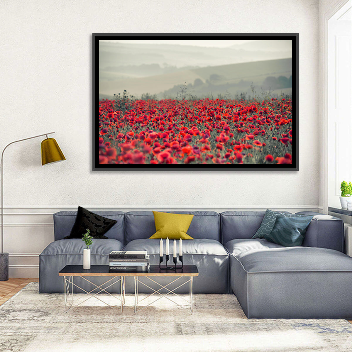 Red Poppy Field Wall Art in a room, landscape