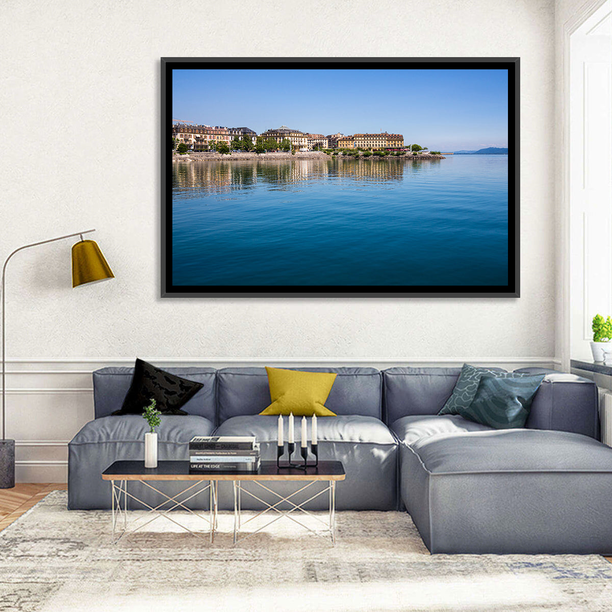 Tranquil Lake Neuchatel Wall Art in a room, landscape