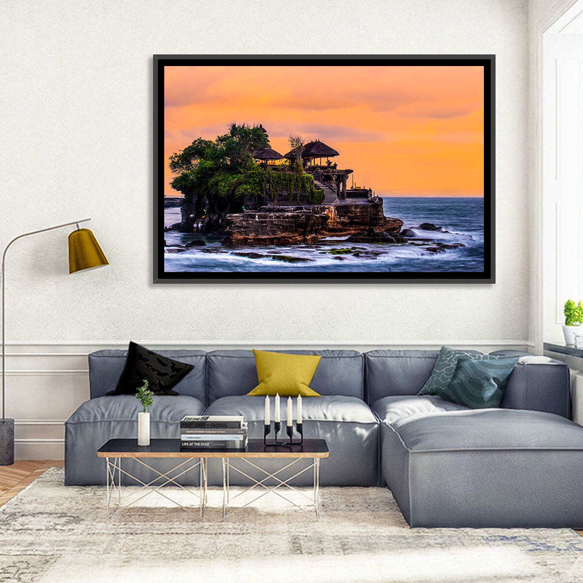 Tanah Lot Temple at Sunset Wall Art in a room, landscape