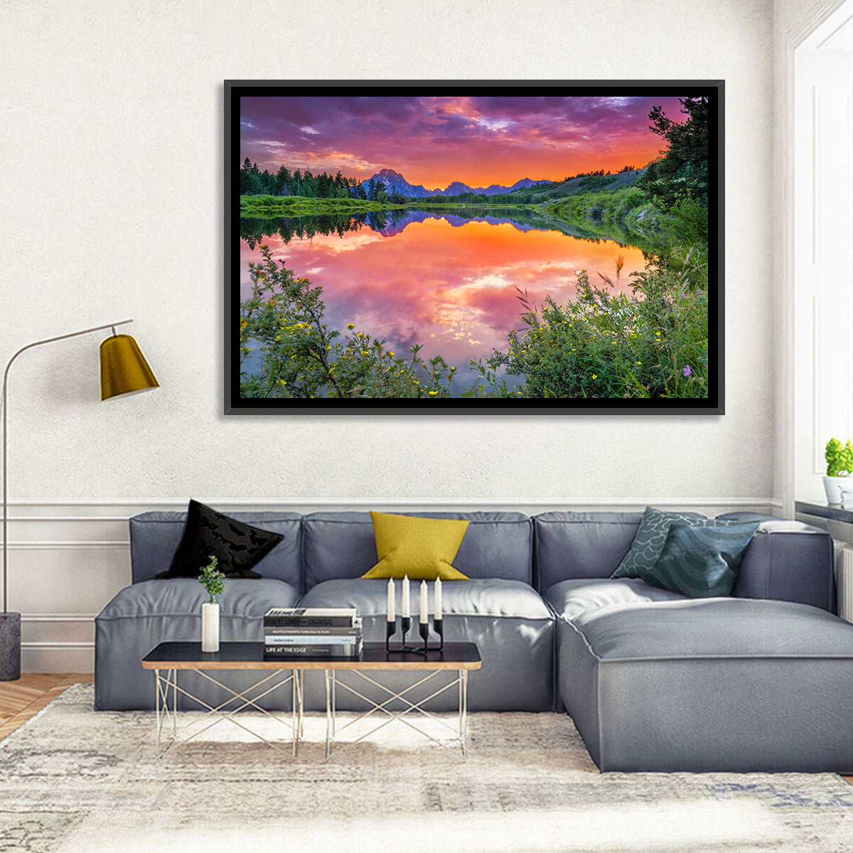 Oxbow Bend Sunset Wall Art in a room, landscape
