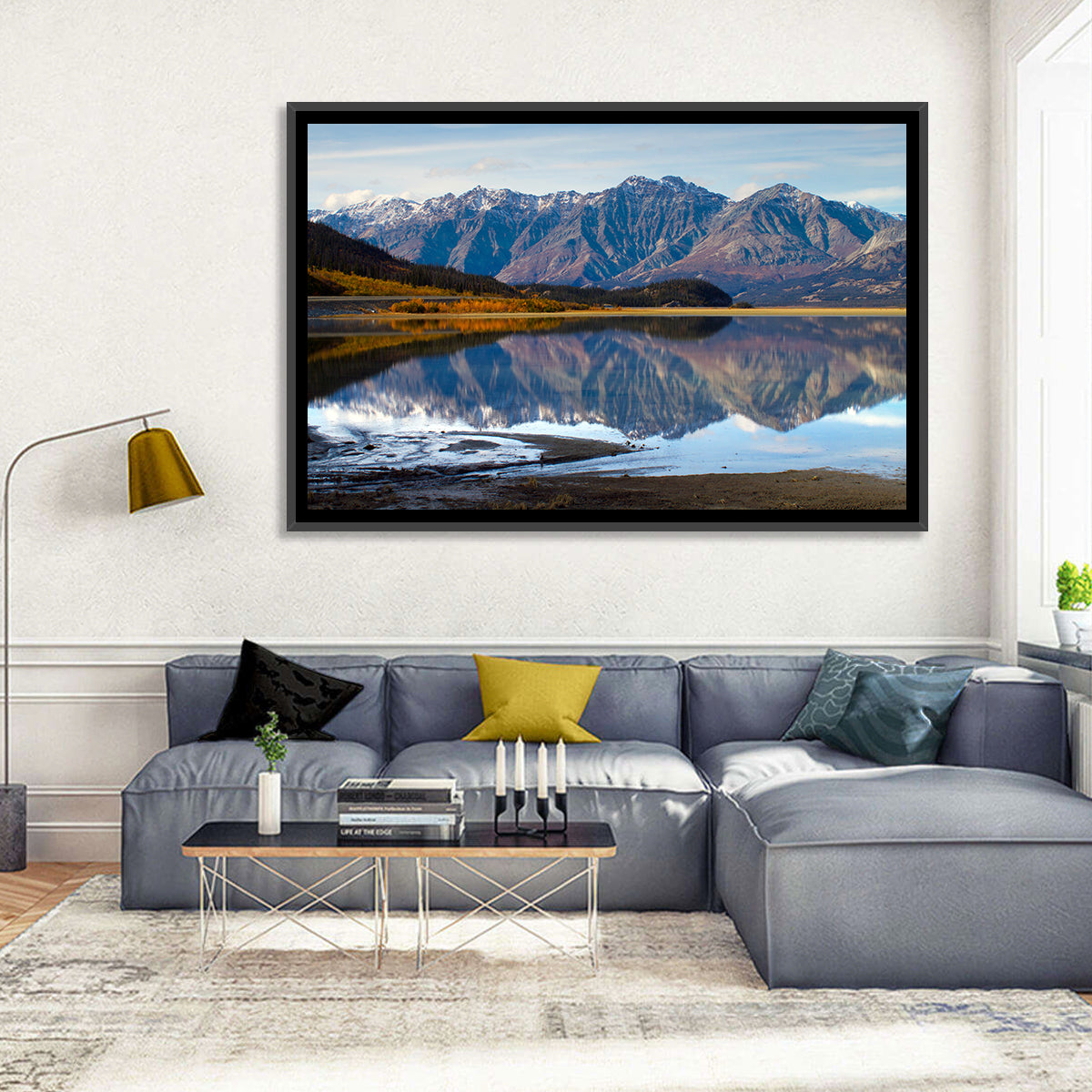 Kluane Lake Autumn Reflection Wall Art in a room, landscape