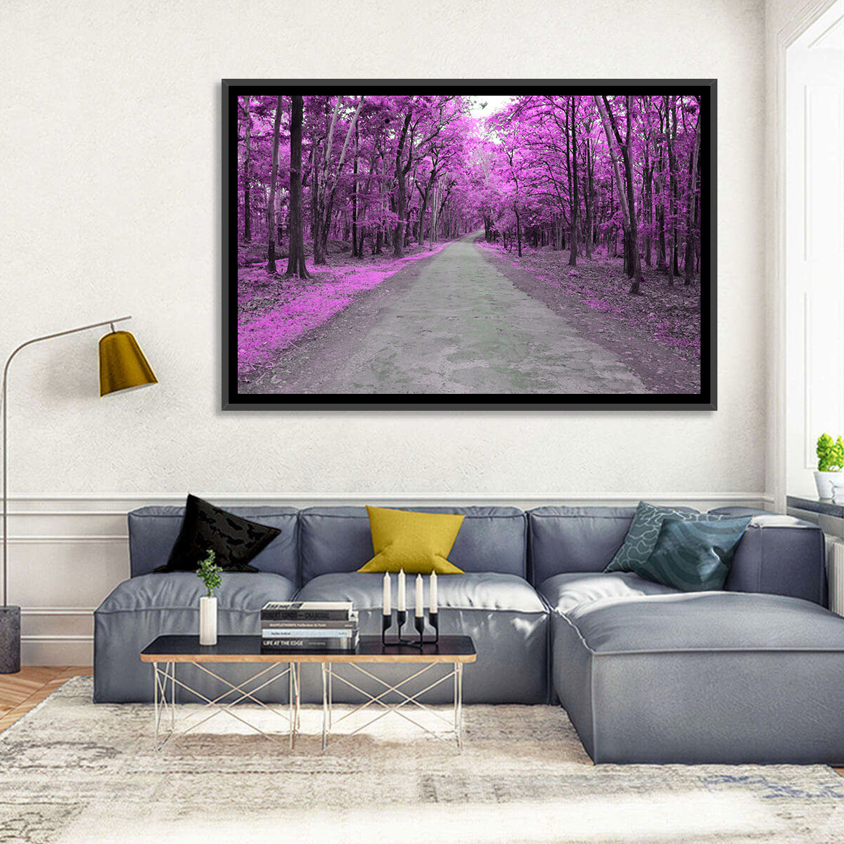 Magenta Autumn Forest Road Wall Art in a room, landscape