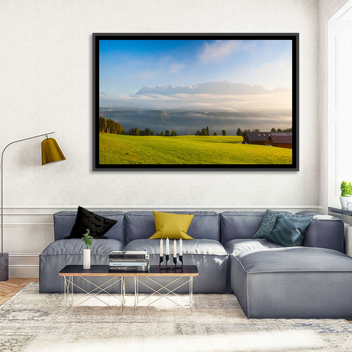 Sunlit Mountain Clouds Wall Art in a room, landscape