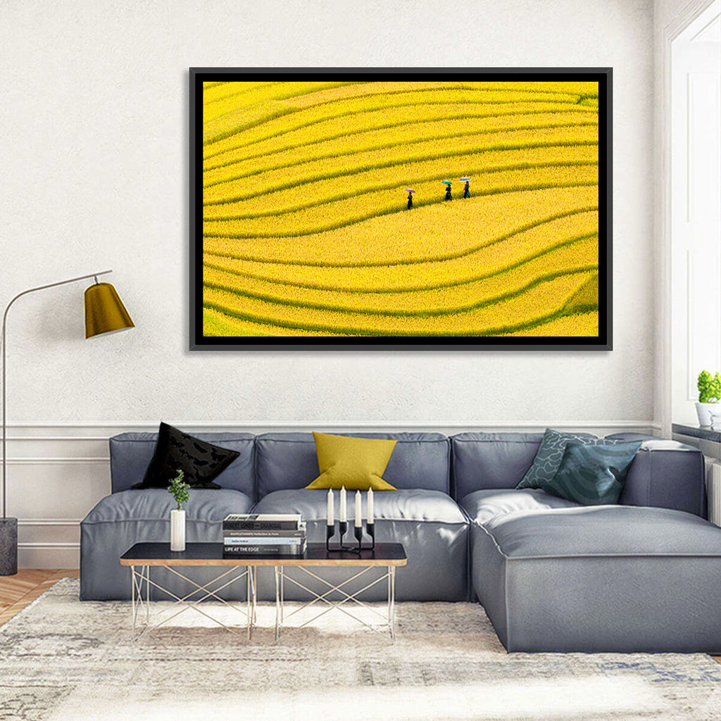 Golden Rice Terraces with Umbrellas Wall Art