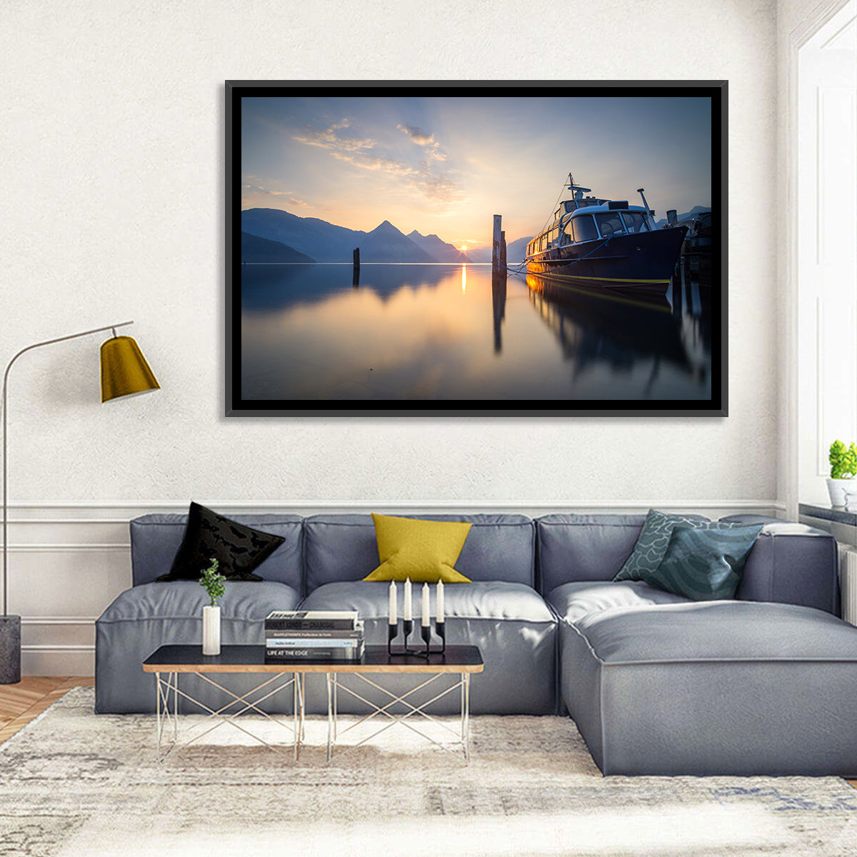 Lake Lucerne Sunset Wall Art in a room, landscape