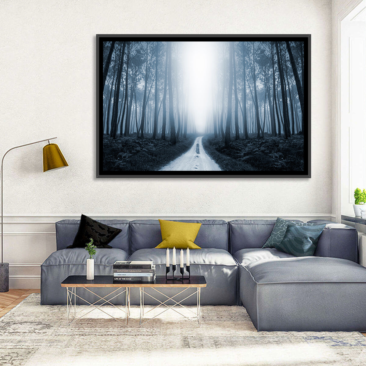 Misty Forest Road at Twilight Wall Art in a room, landscape
