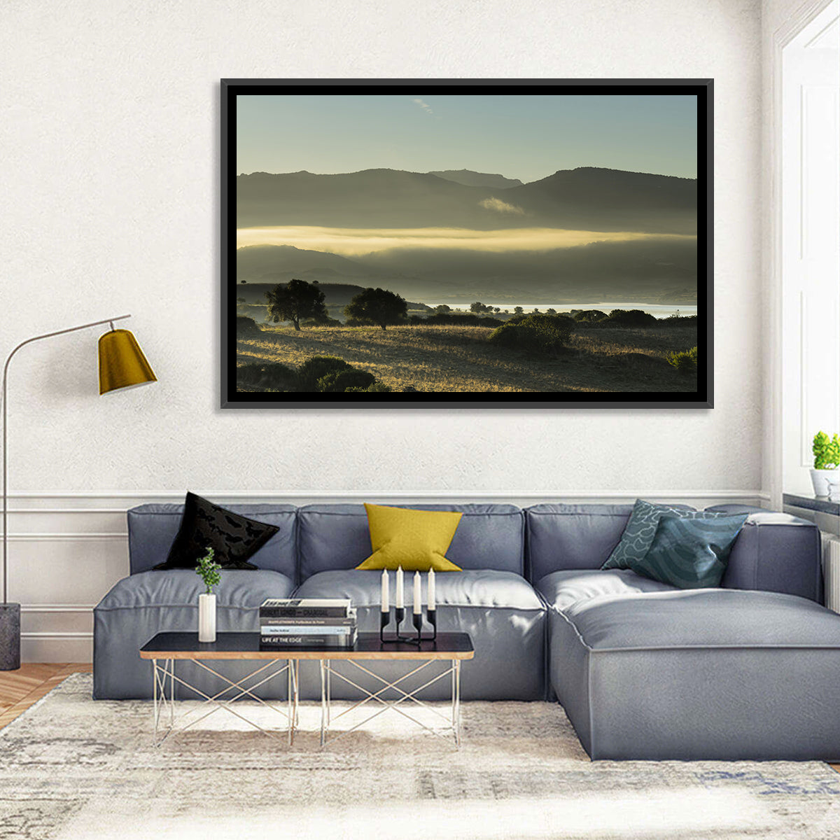 Lake Omodeo Morning Mist Wall Art in a room, landscape