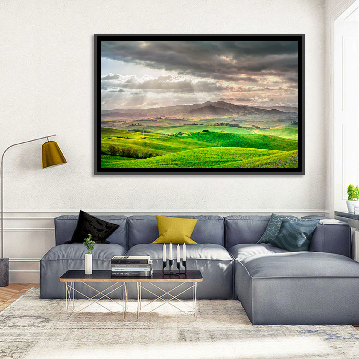 Tuscan Sunlit Hills Wall Art in a room, landscape