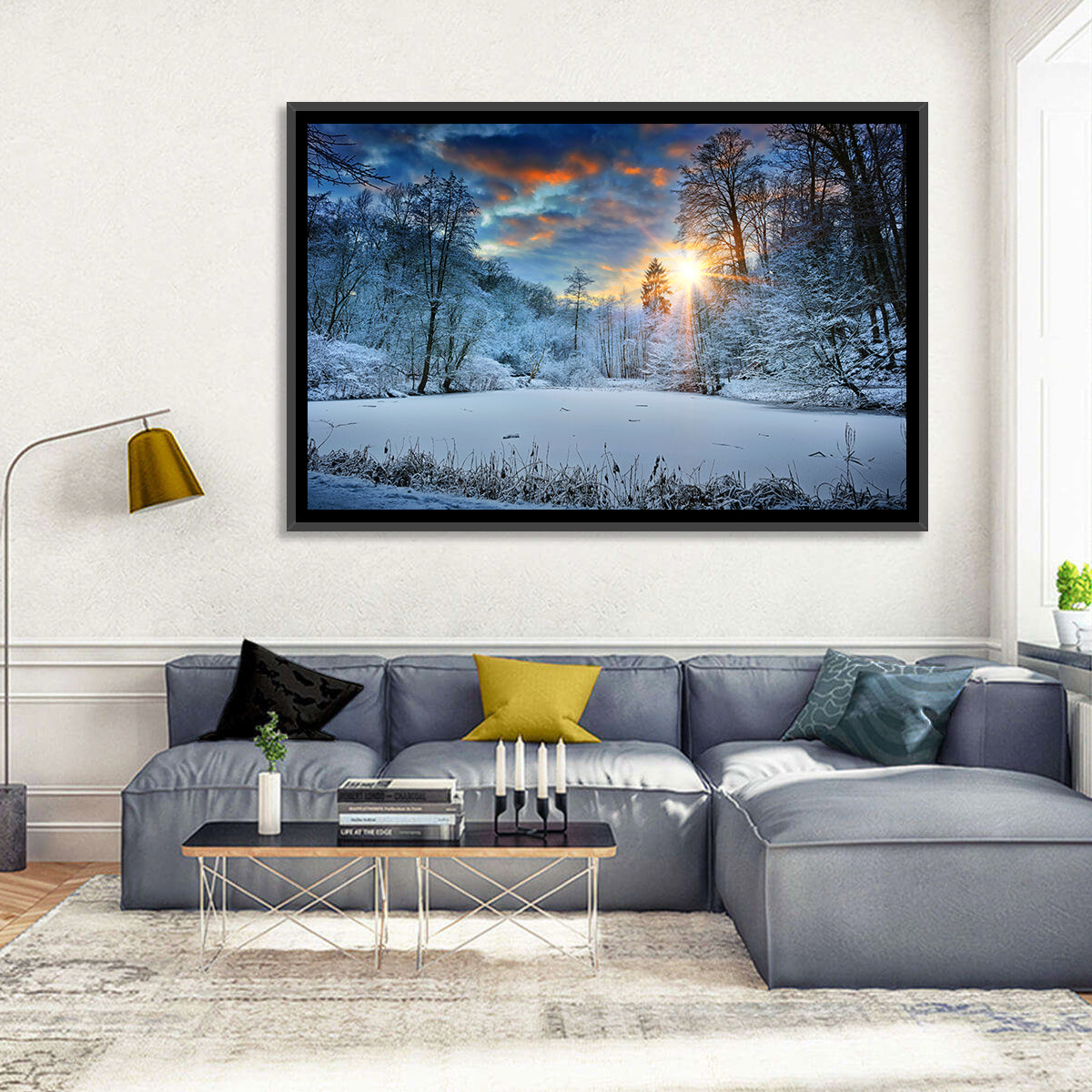 Frozen Forest Lake Wall Art in a room, landscape