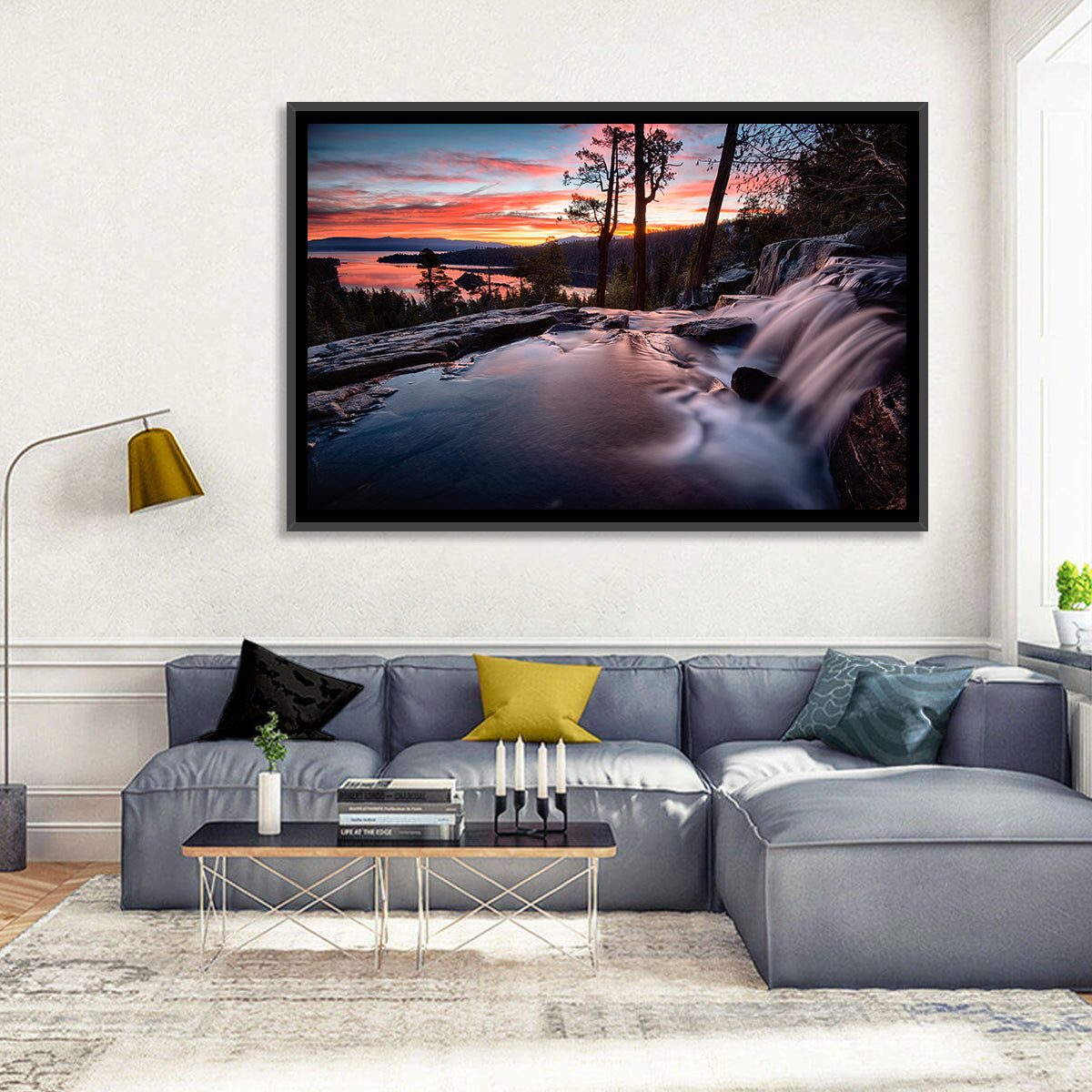 Waterfall Near Lake Tahoe Wall Art in a room, landscape