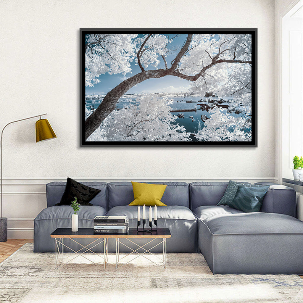 Curving Winter Tree Over Lake Wall Art