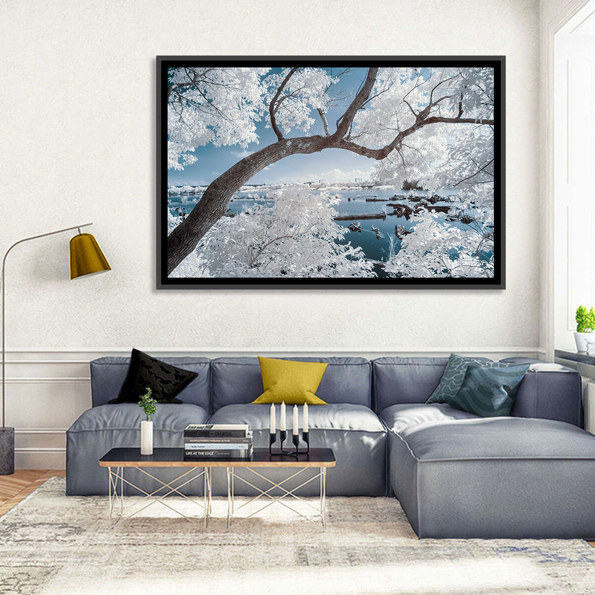 Curving Winter Tree Over Lake Wall Art