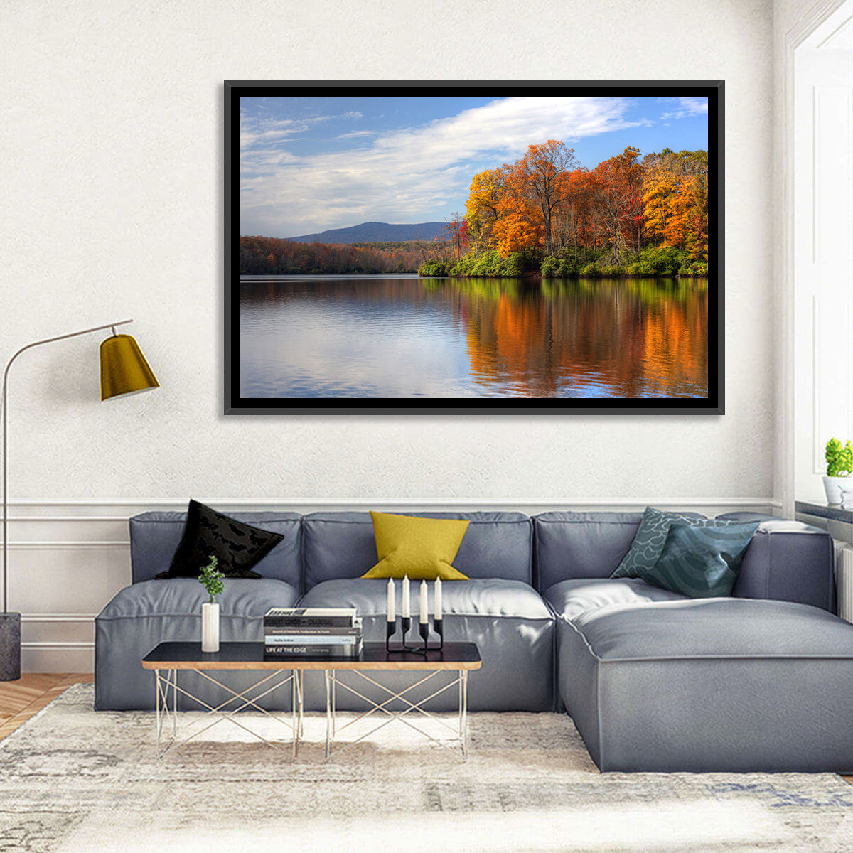 Autumn Lake with Mountain Reflection Wall Art in a room, landscape