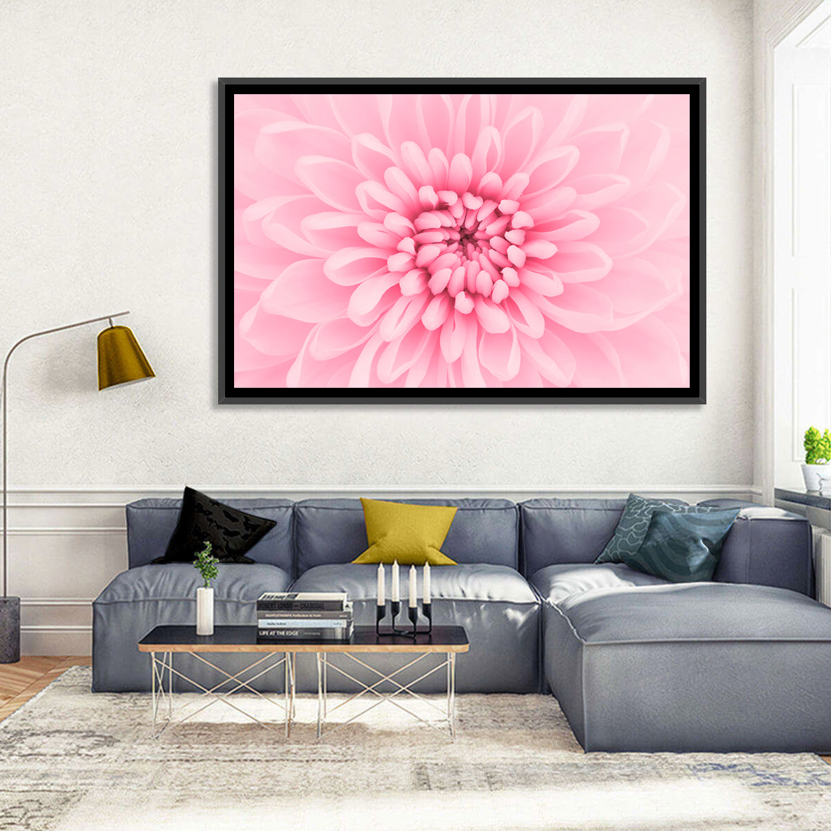Pink Chrysanthemum Close-up Wall Art in a room, landscape