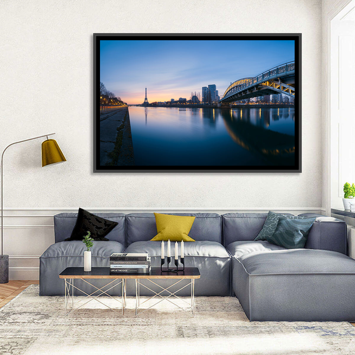 Eiffel Tower Golden Hour Reflection Wall Art in a room, landscape