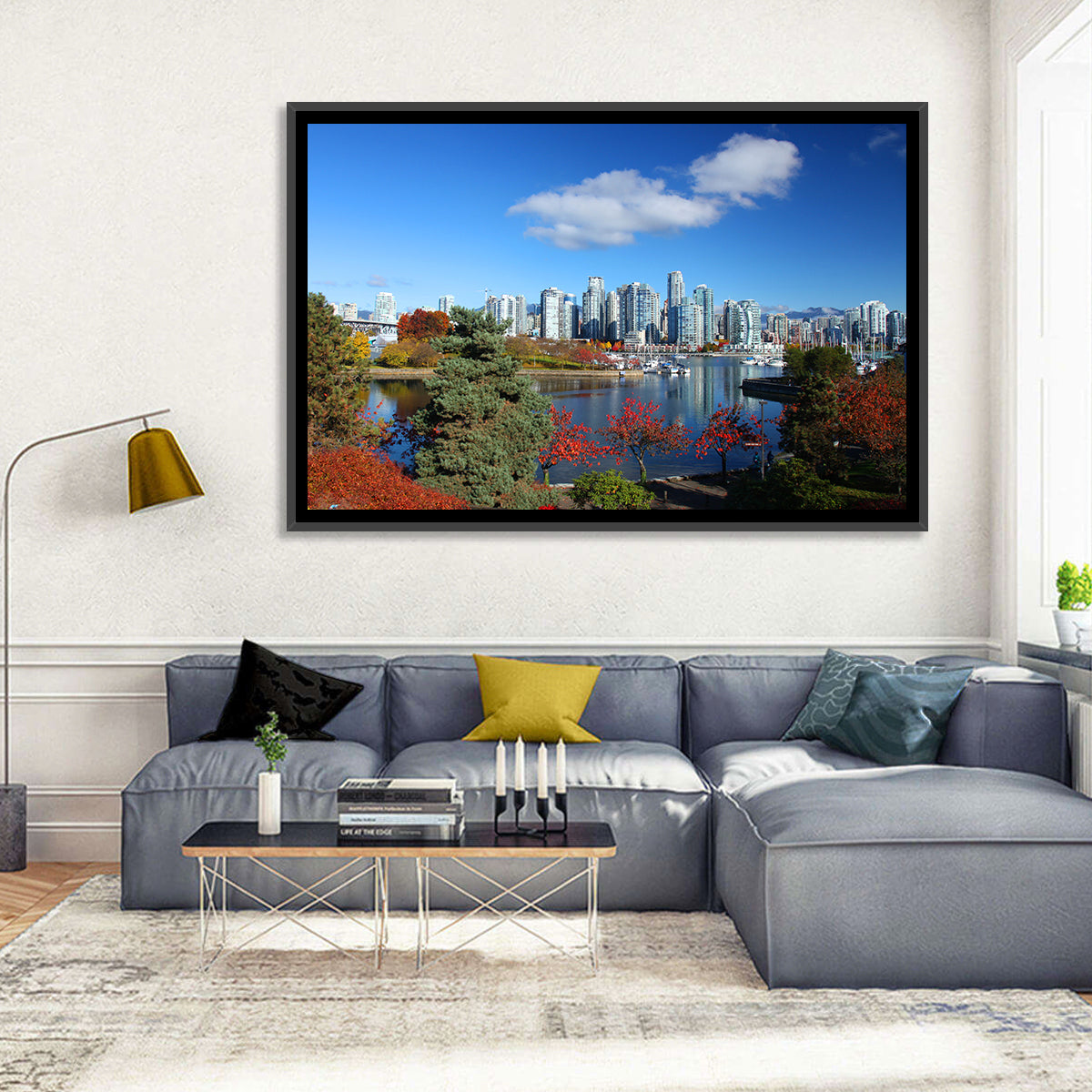 Vancouver Autumn Skyline Wall Art in a room, landscape