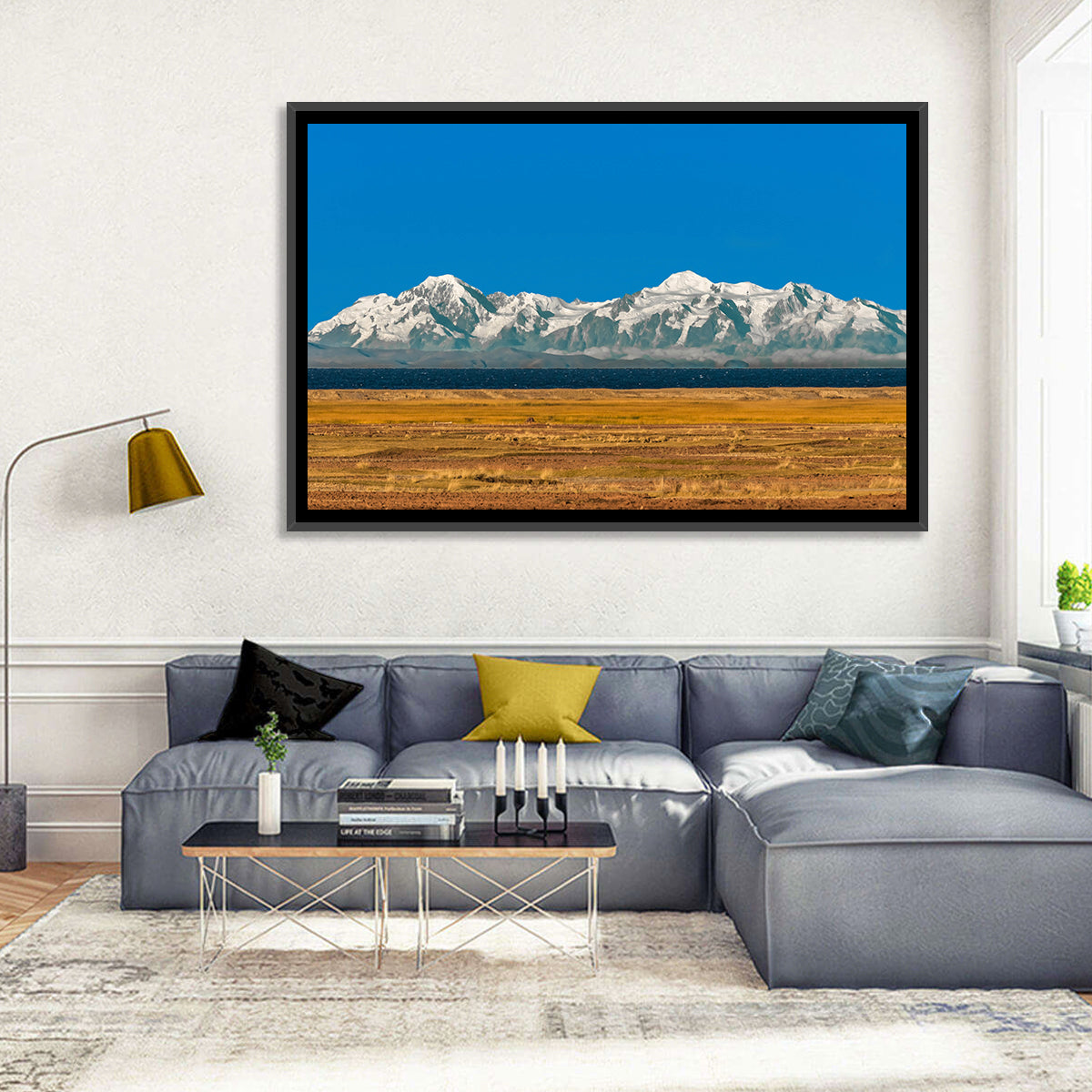 Snow-capped Peaks Over Lake Titicaca Wall Art in a room, landscape