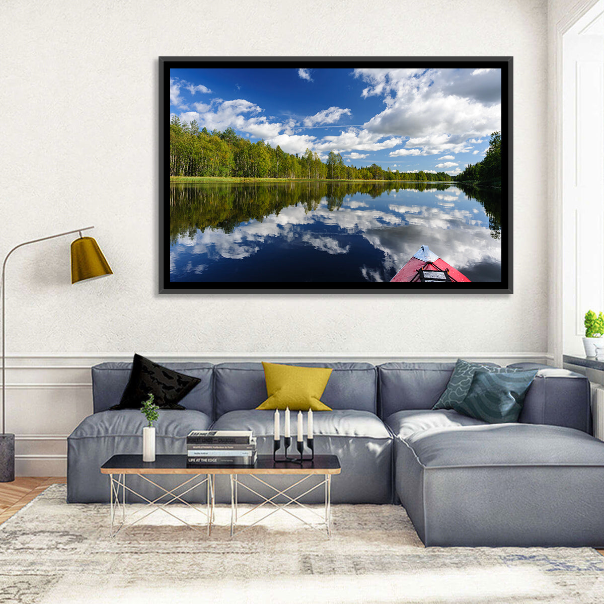 Karelia Kayak Reflection Wall Art in a room, landscape