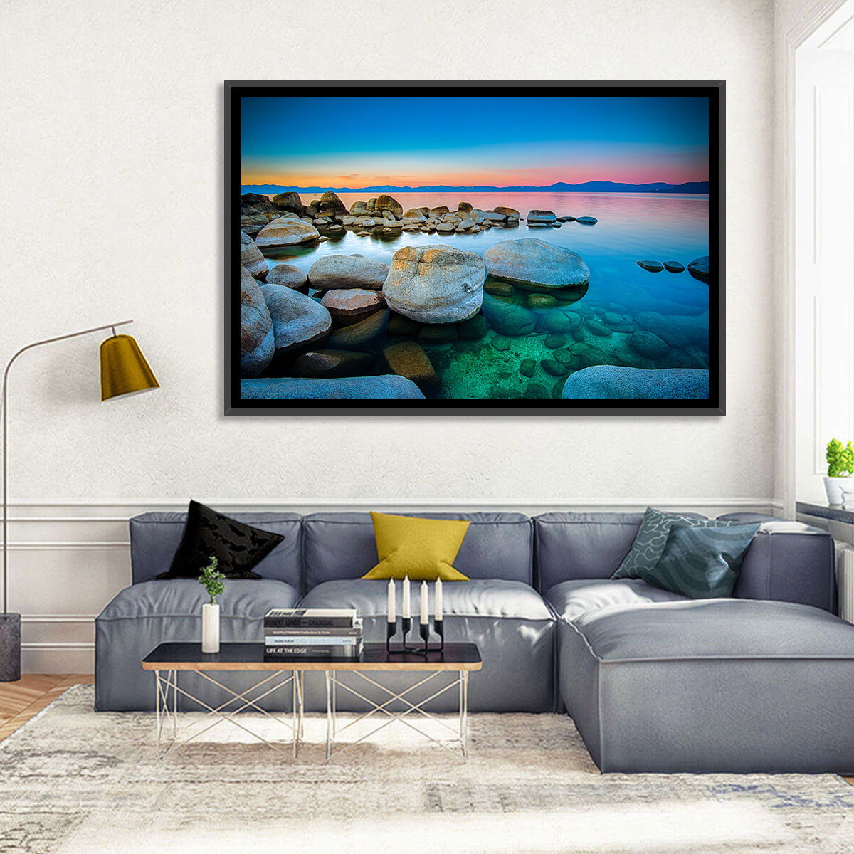 Lake Tahoe Sunset Boulders Wall Art in a room, landscape