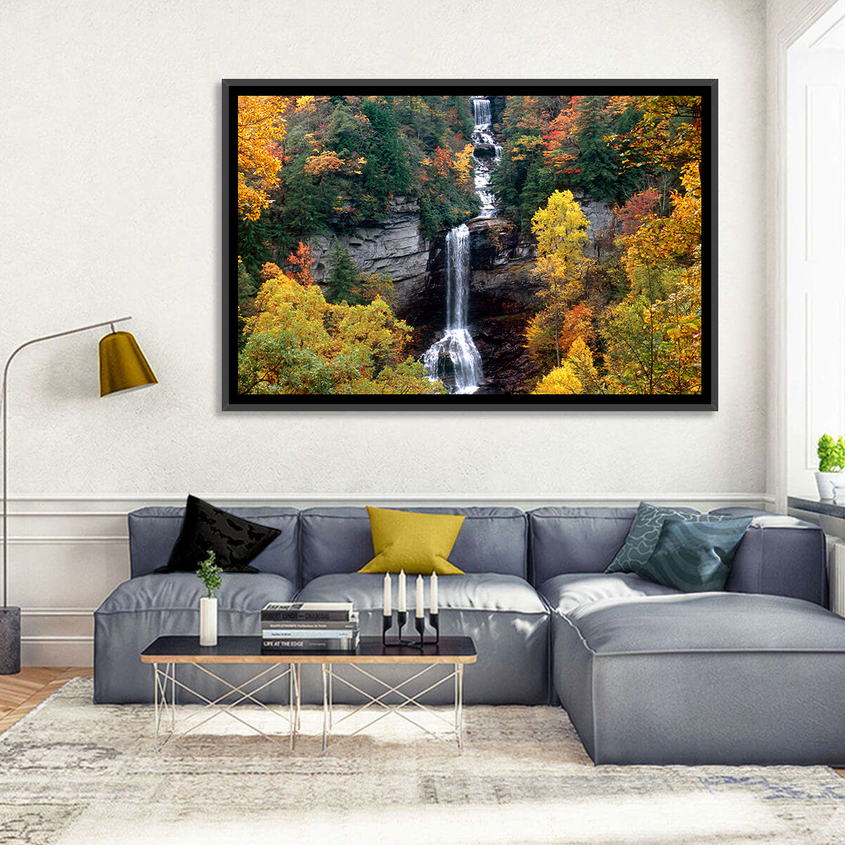 Raven Cliff Waterfall Wall Art in a room, landscape