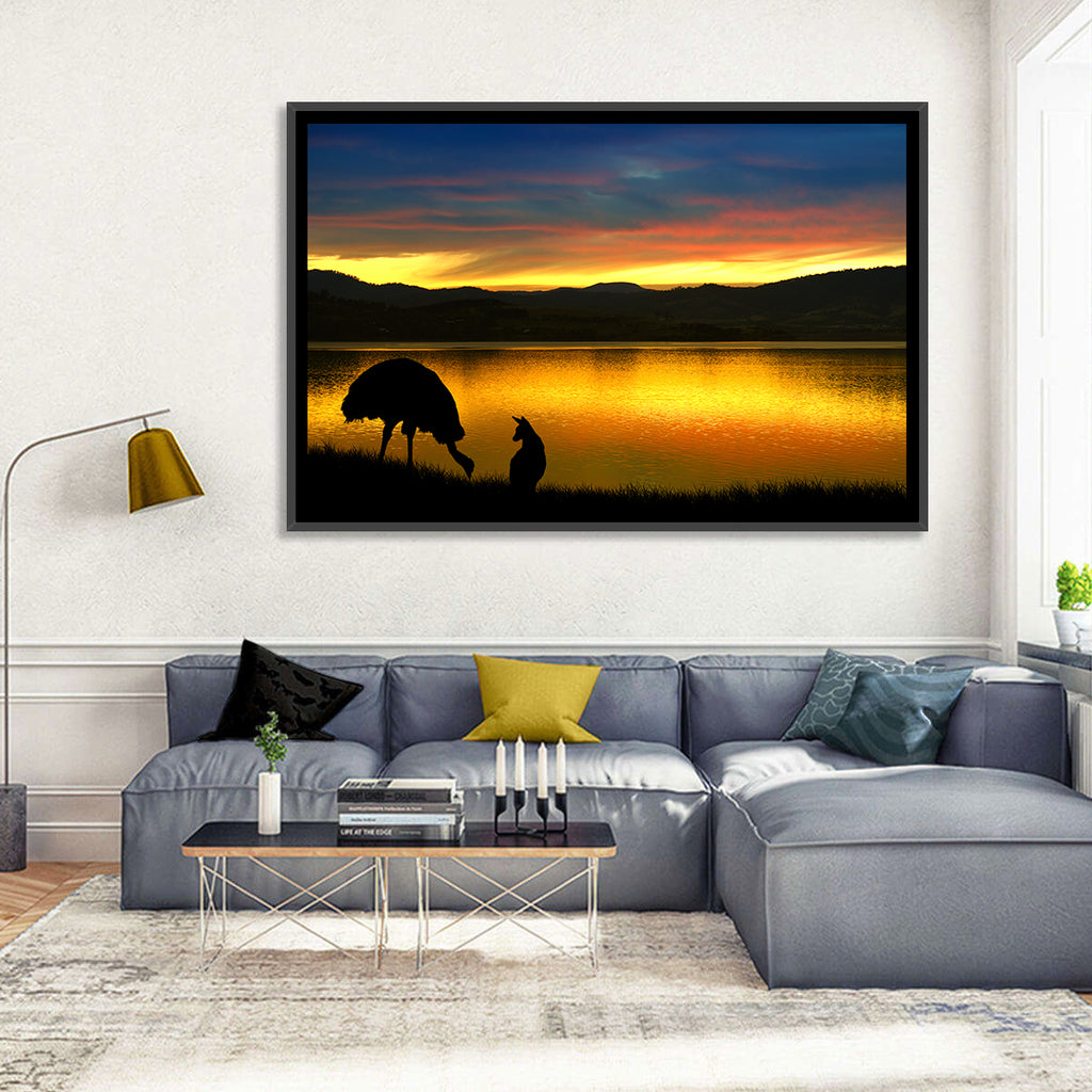 Kangaroo and Emu at Lake Sunset Wall Art