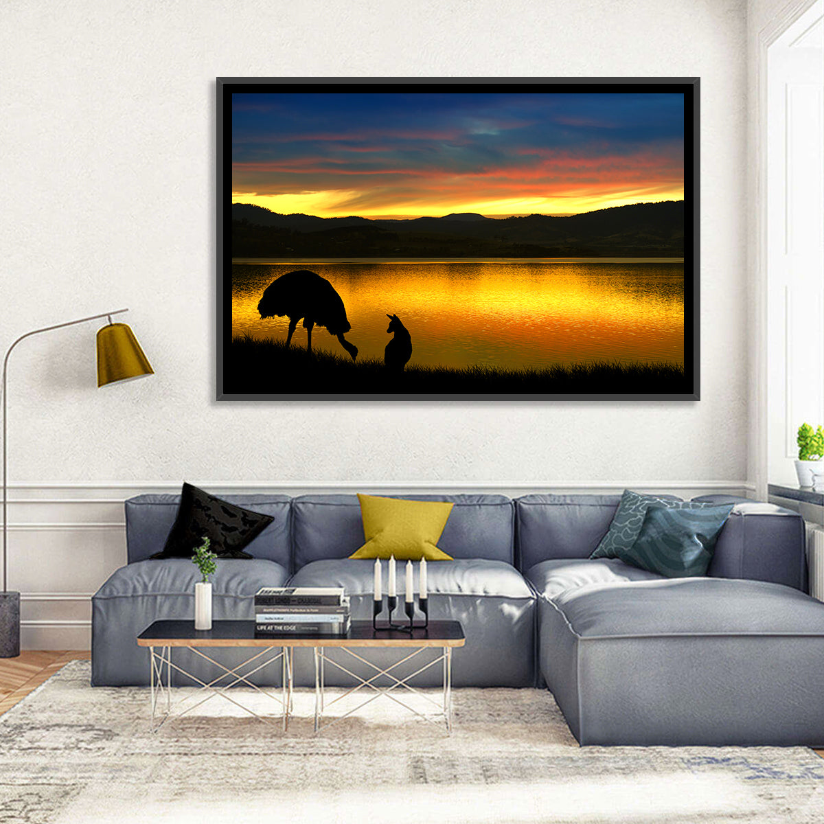 Kangaroo and Emu at Lake Sunset Wall Art in a room, landscape