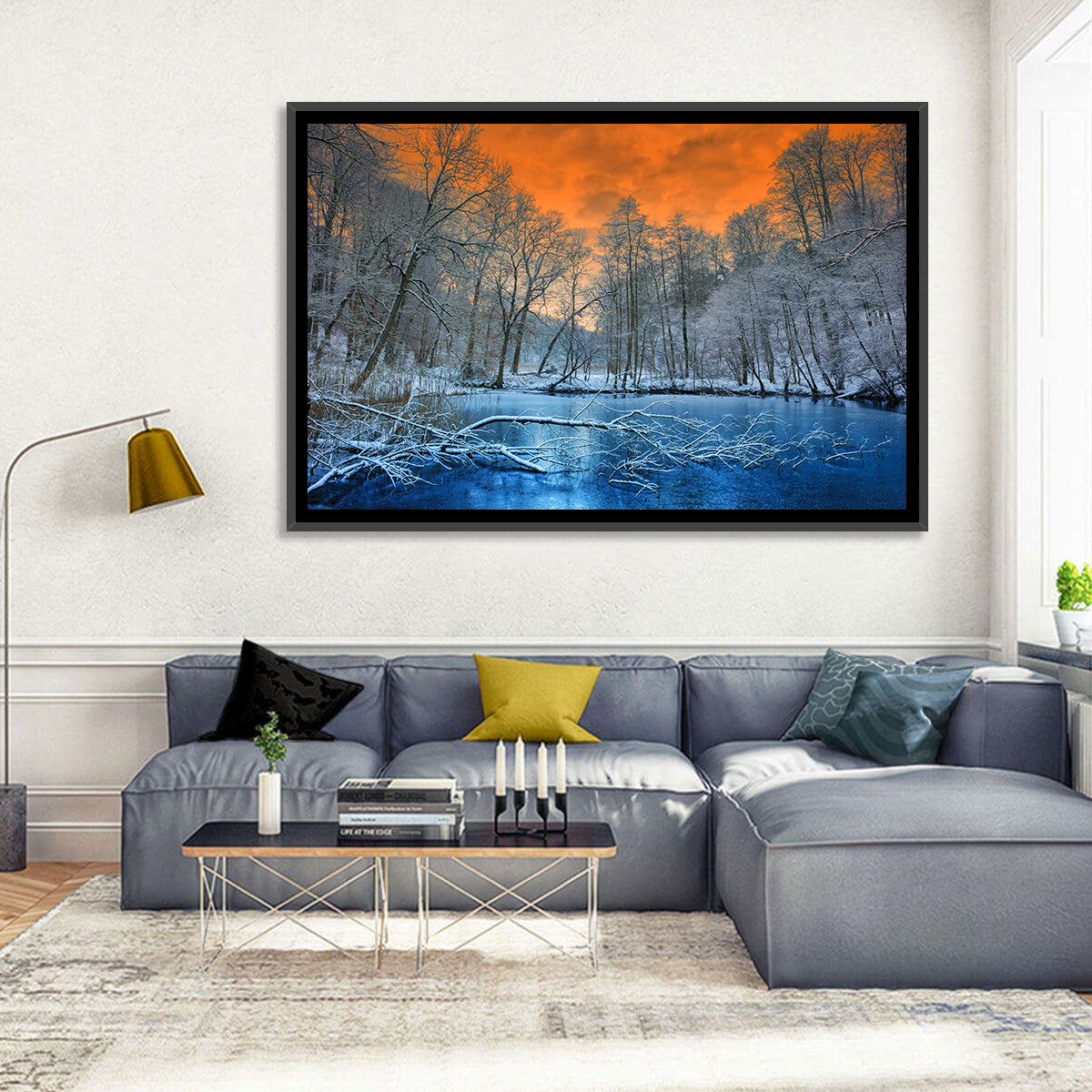 Sunset Over Winter Forest Lake Wall Art in a room, landscape