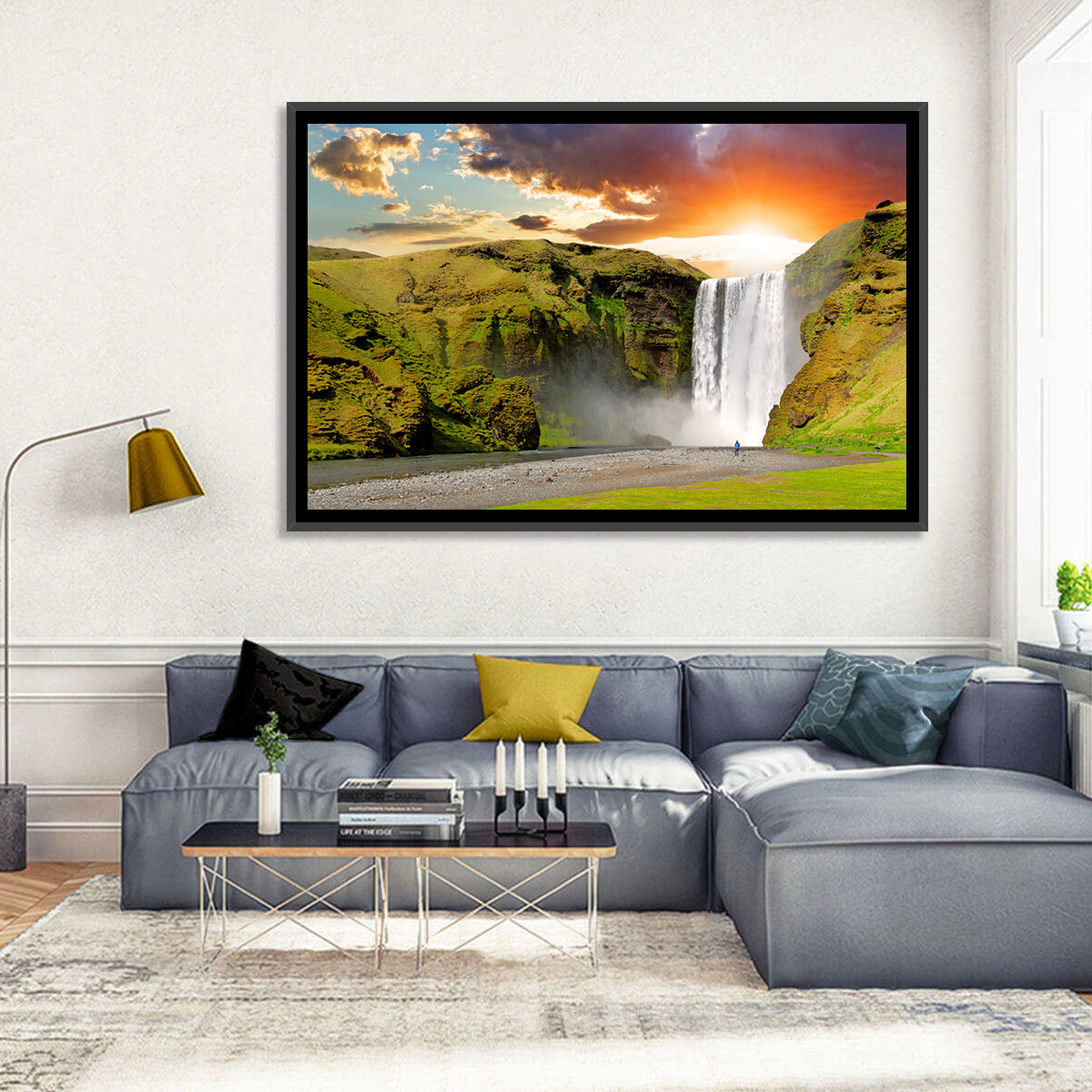 Skógafoss at Sunset Wall Art in a room, landscape