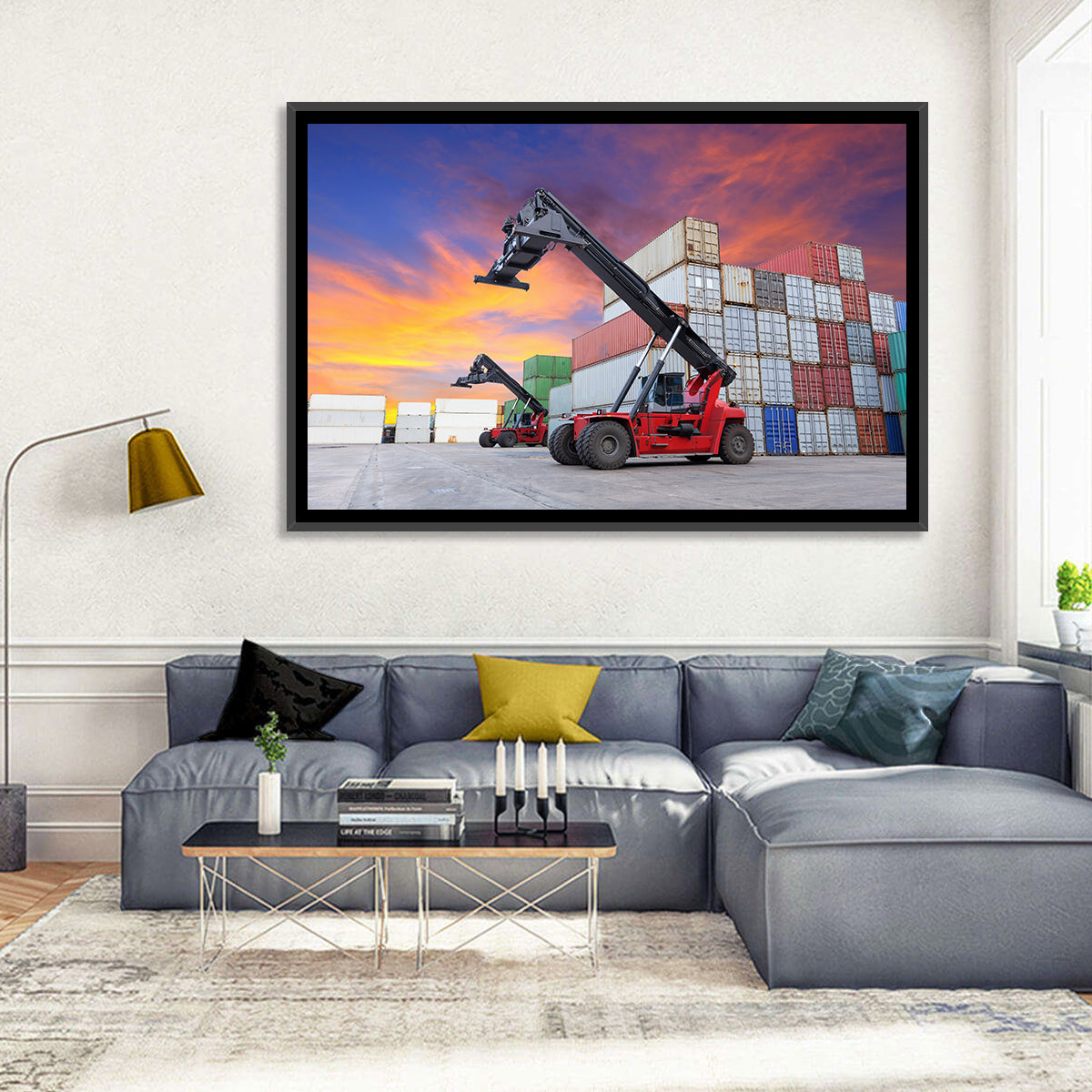Red Reach Stackers at Sunset Wall Art