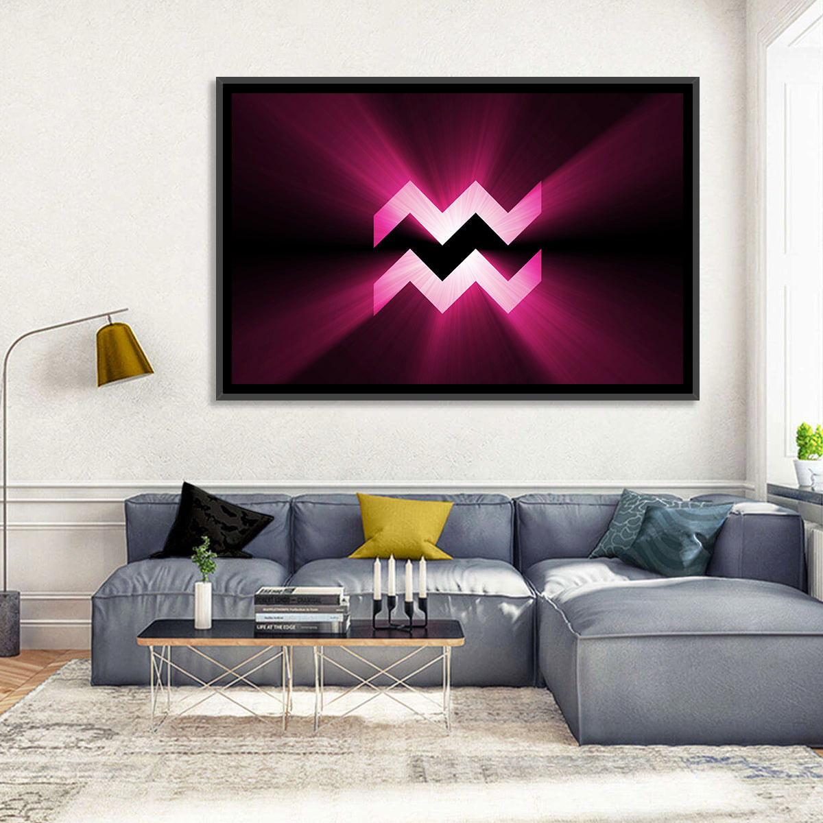 Magenta Aquarius Symbol Wall Art in a room, landscape