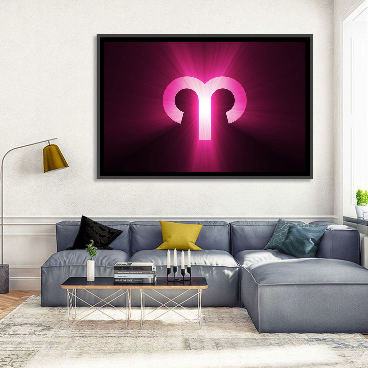 Radiant Aries Zodiac Emblem Wall Art in a room, landscape