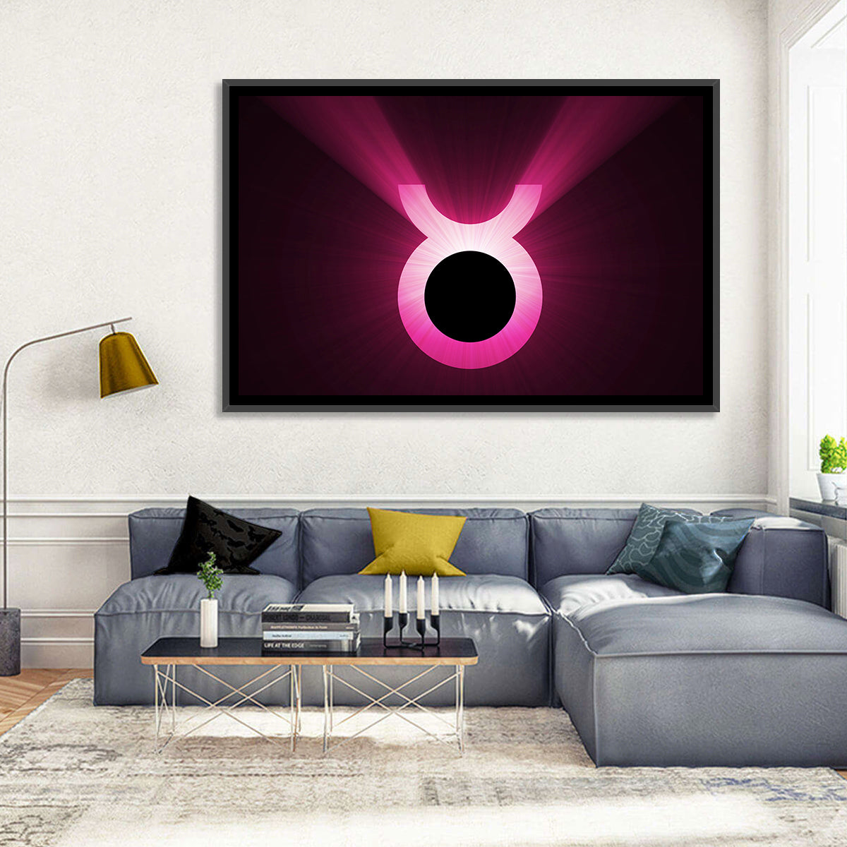 Glowing Pink Taurus Symbol Wall Art in a room, landscape