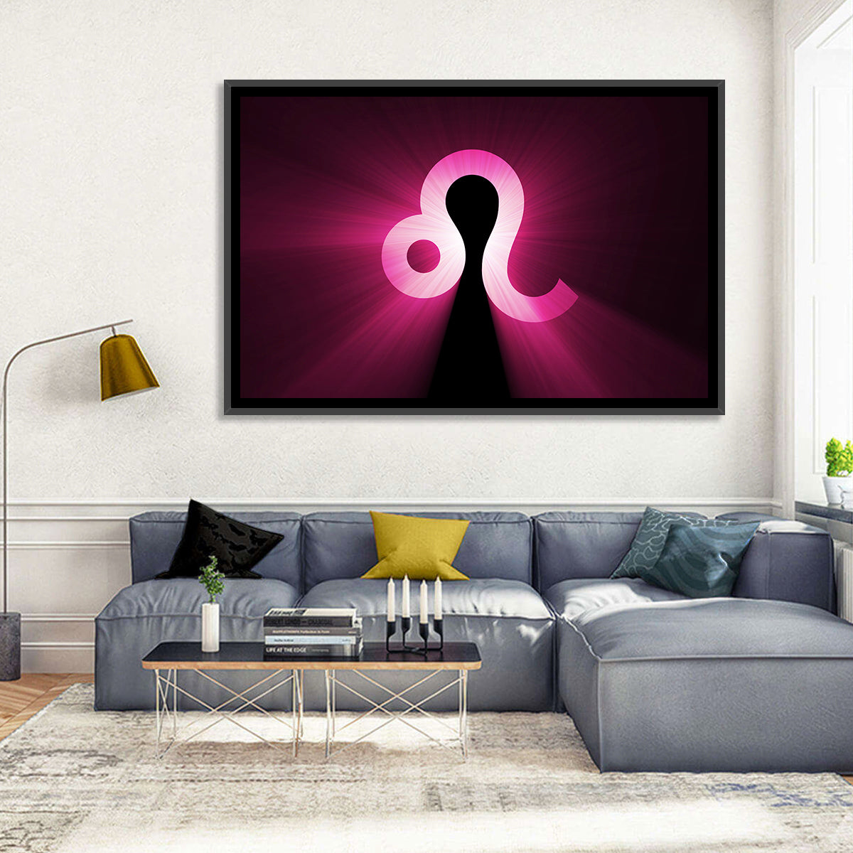 Glowing Magenta Leo Symbol Wall Art in a room, landscape