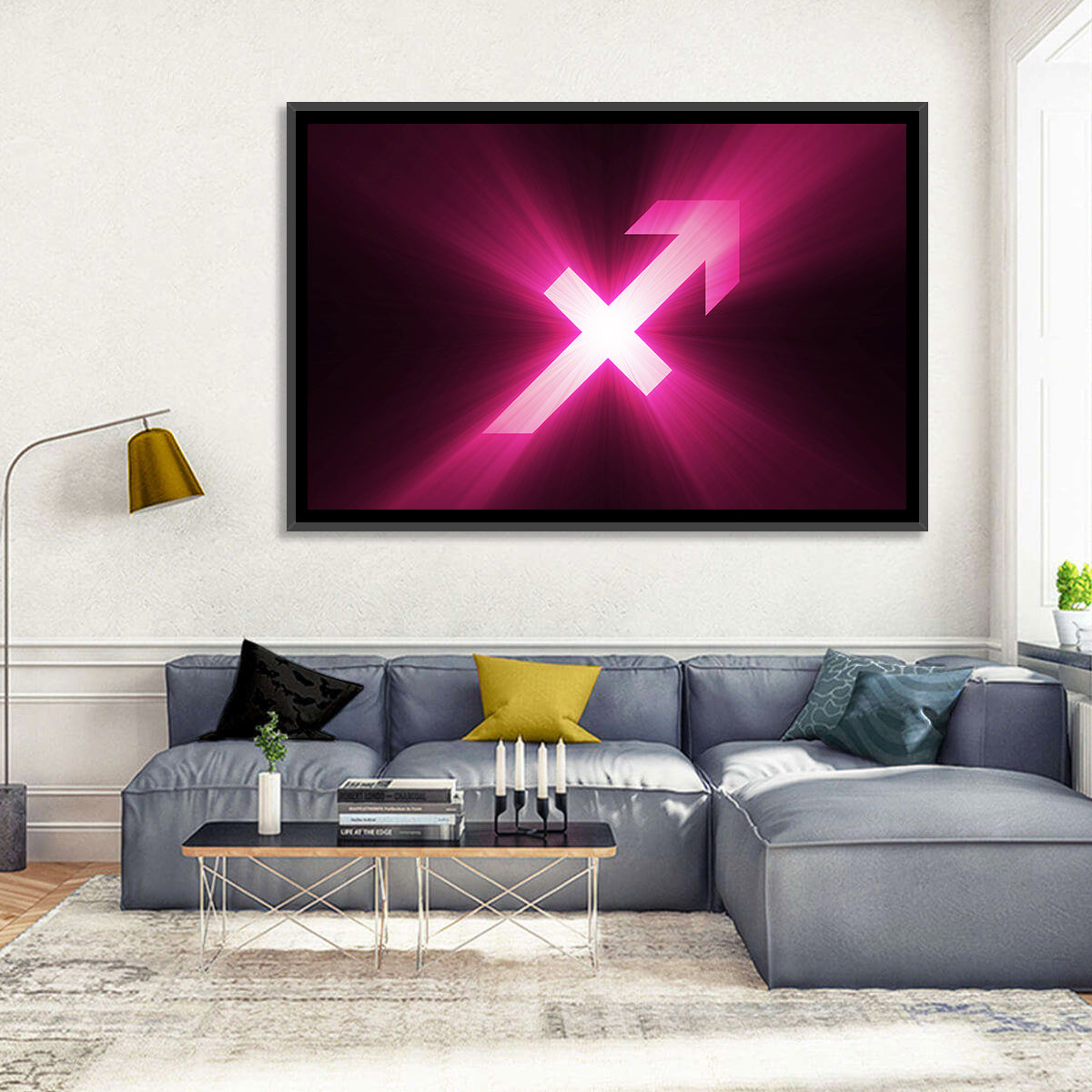 Cosmic Sagittarius Symbol Wall Art in a room, landscape