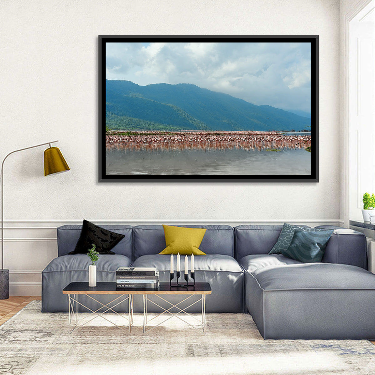 Flock of Flamingos at Lake Bogoria Wall Art in a room, landscape