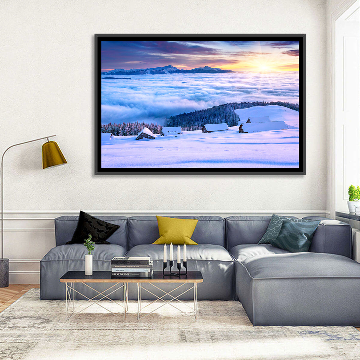 Snowy Cabins Above Clouds Wall Art in a room, landscape