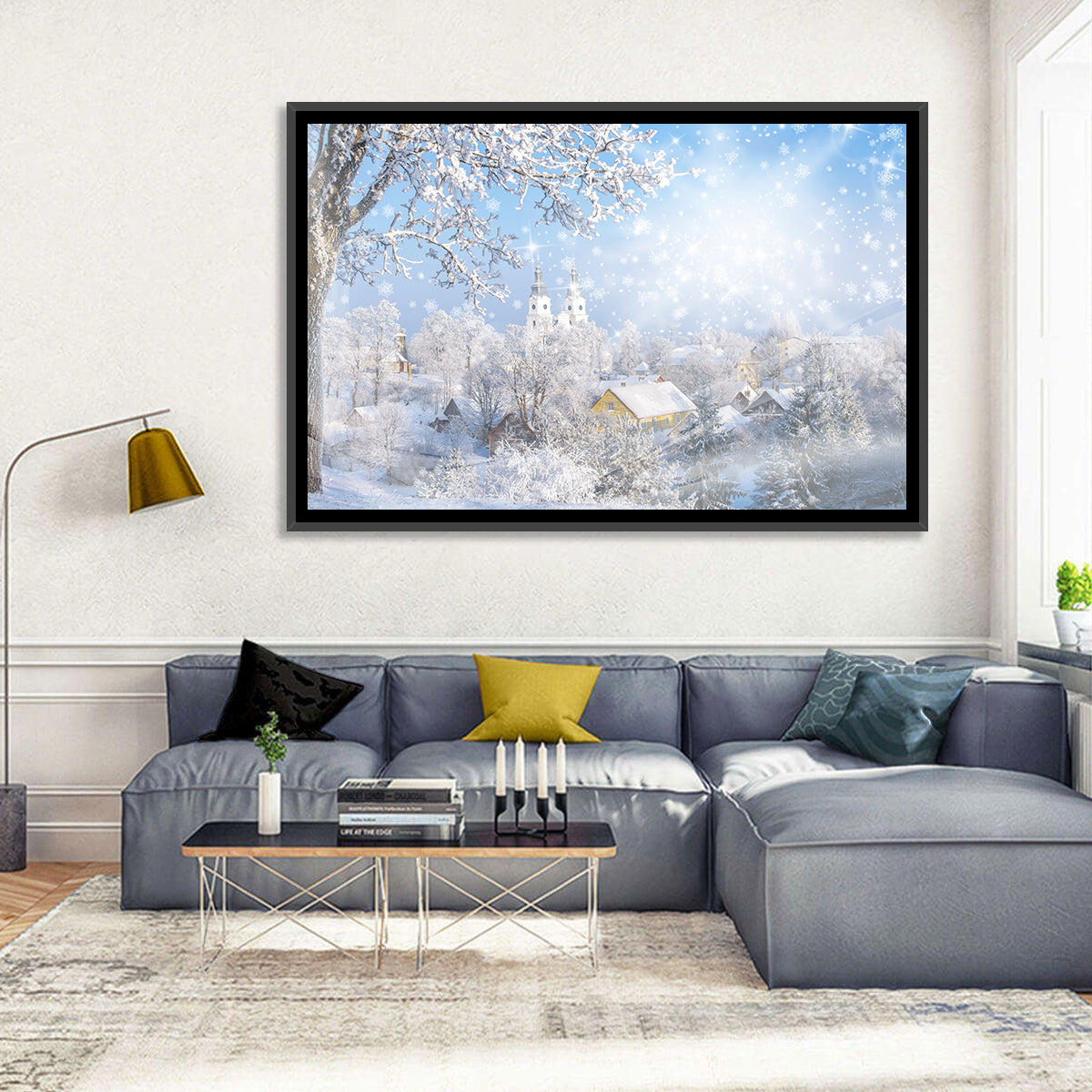 Frosted Village Wall Art in a room, landscape