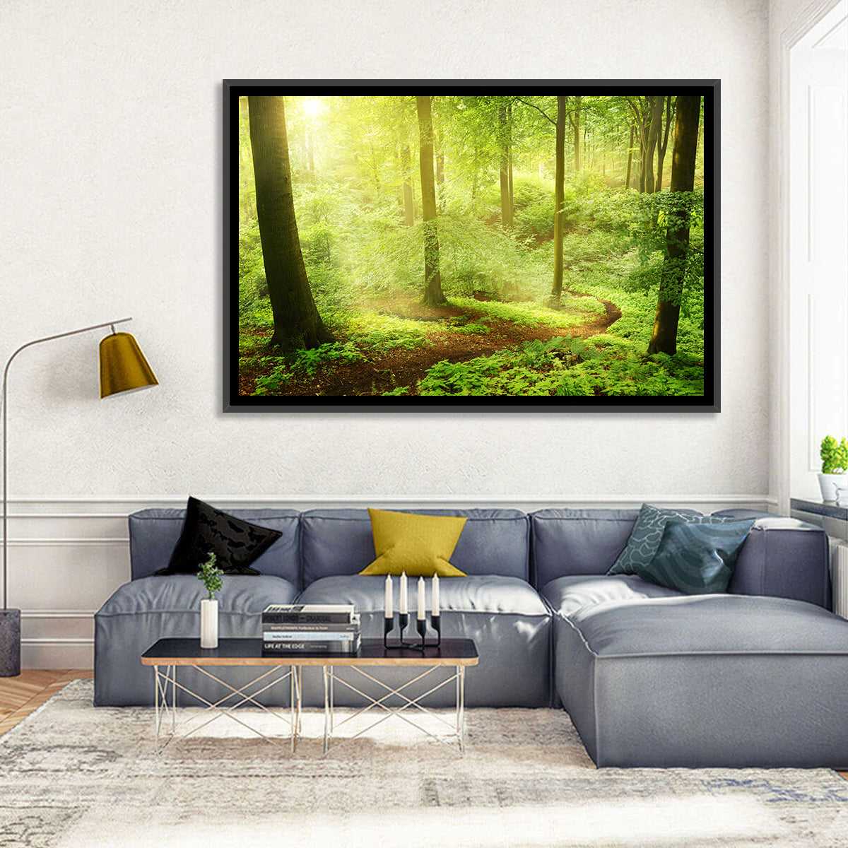 Sunlit Forest Path Wall Art in a room, landscape