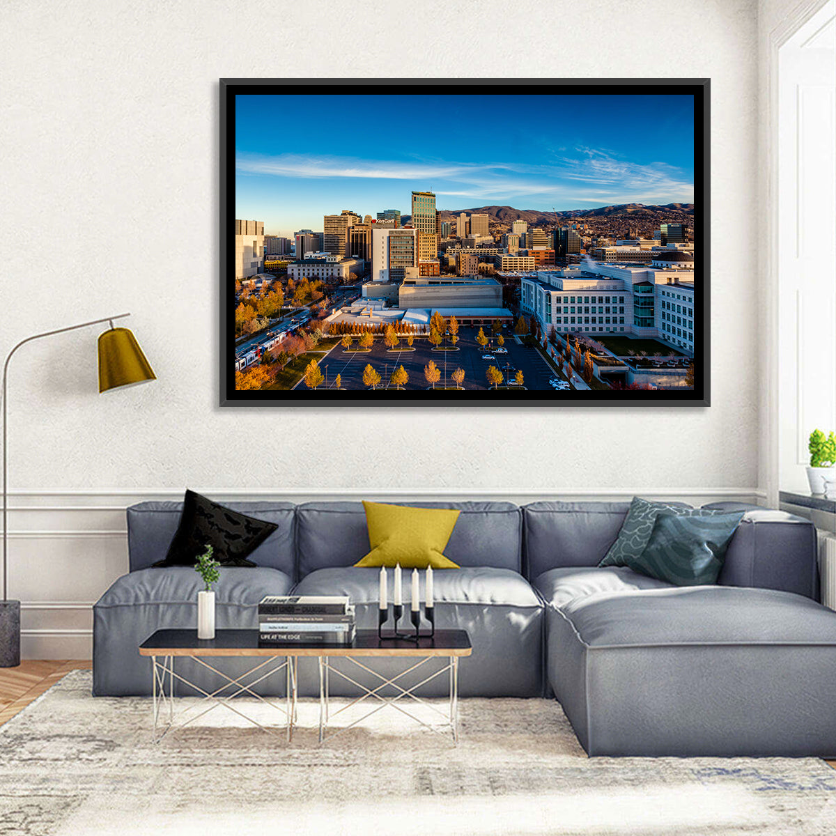 Salt Lake City Skyline at Golden Hour Wall Art in a room, landscape
