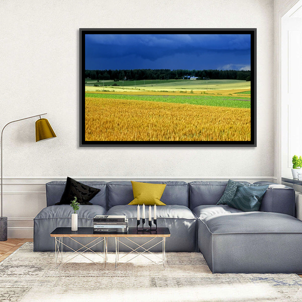 Cornfields Under Stormy Sky Wall Art in a room, landscape