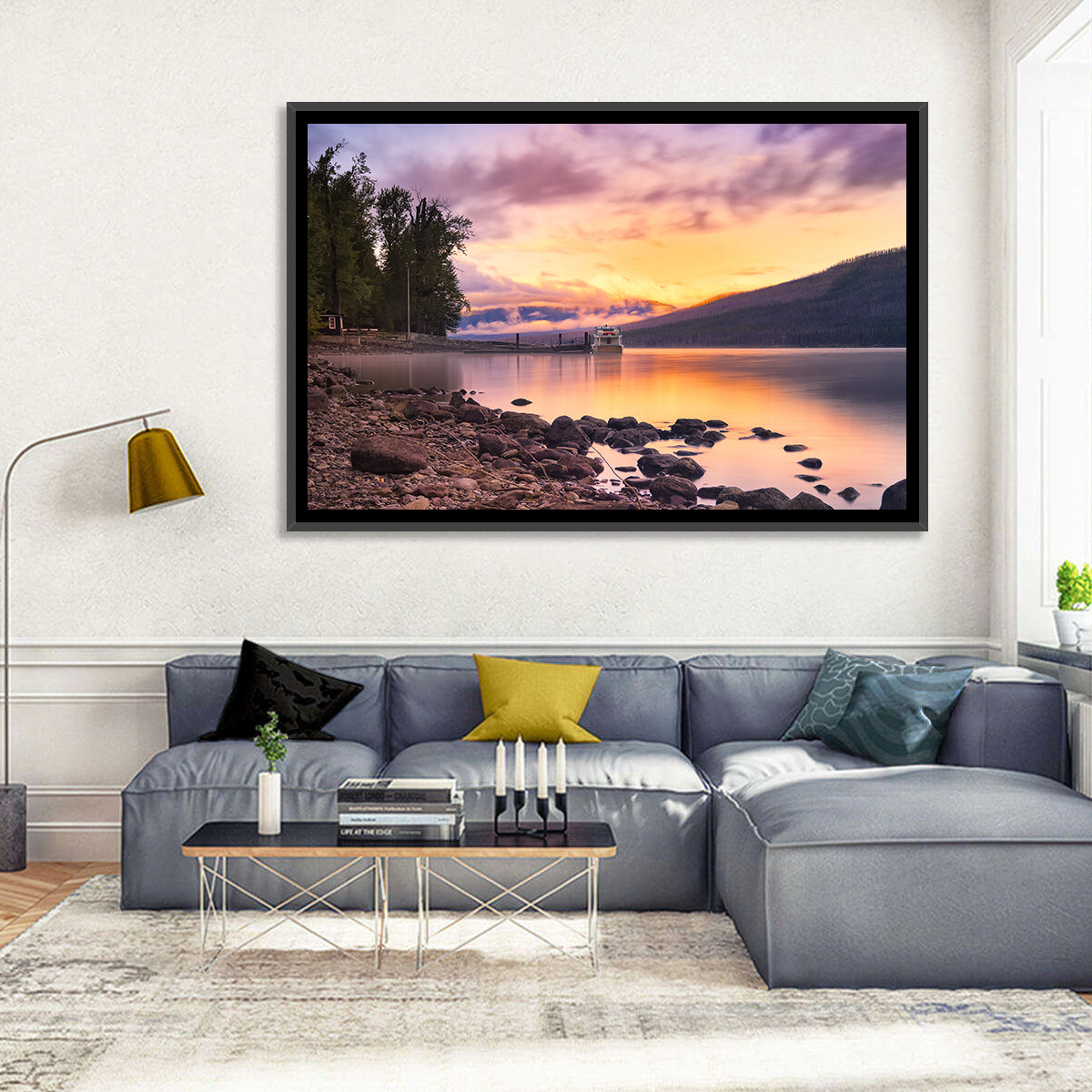 Lake Mcdonald Sunset Reflection Wall Art in a room, landscape
