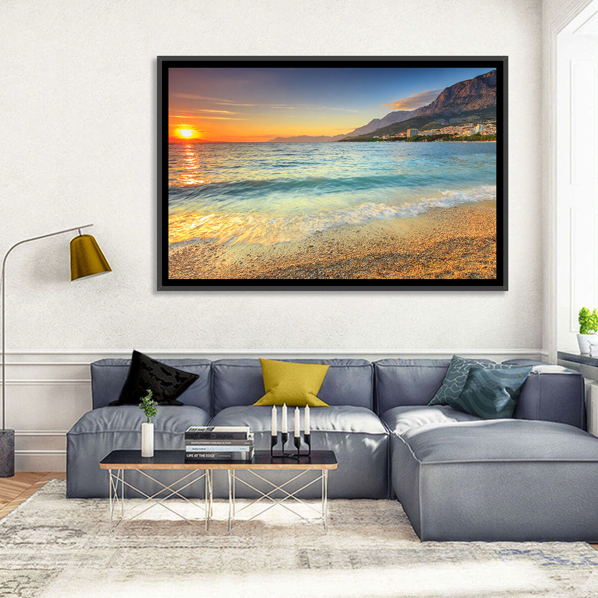 Makarska Pebble Beach Sunset Wall Art in a room, landscape