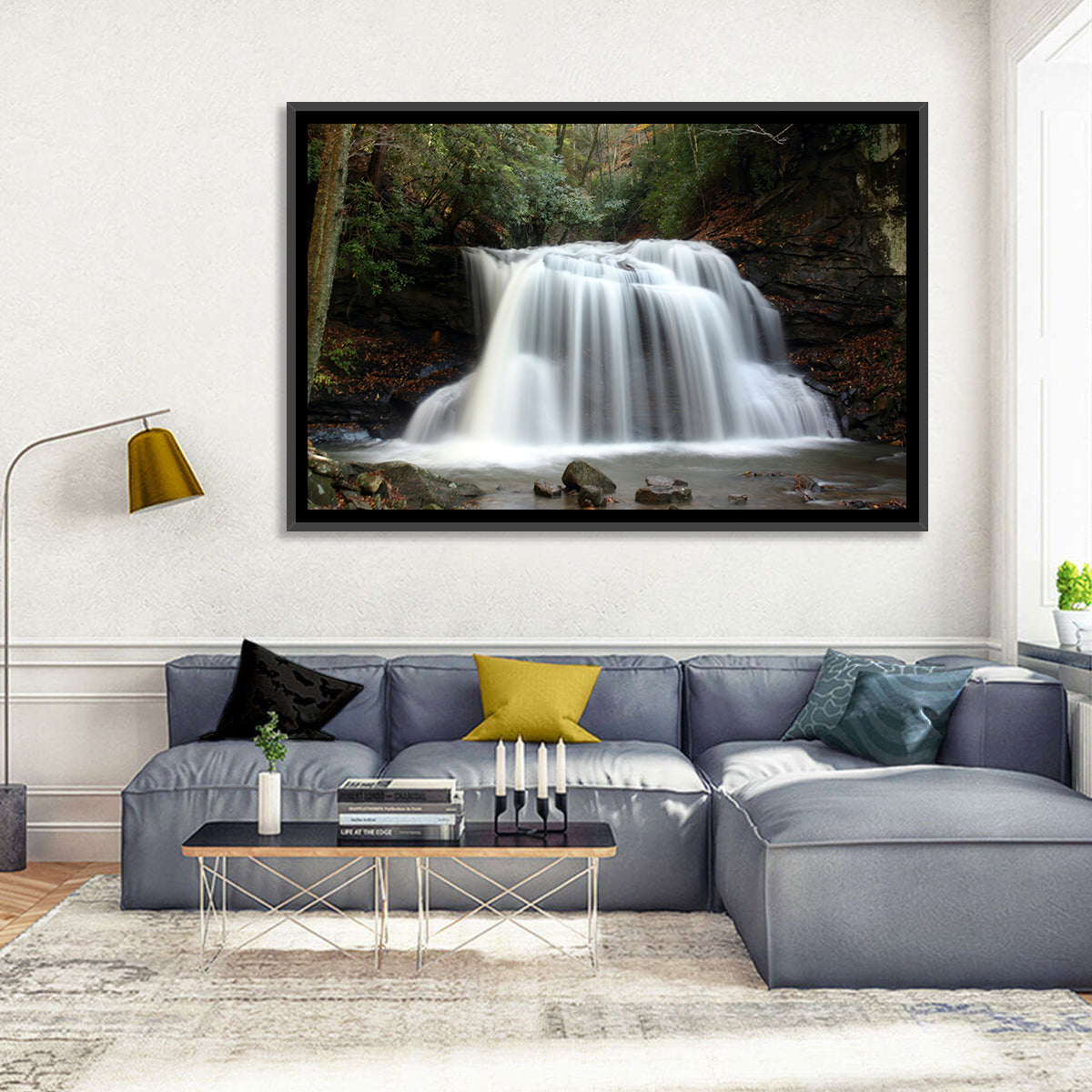 Holly River Autumn Waterfall Wall Art in a room, landscape