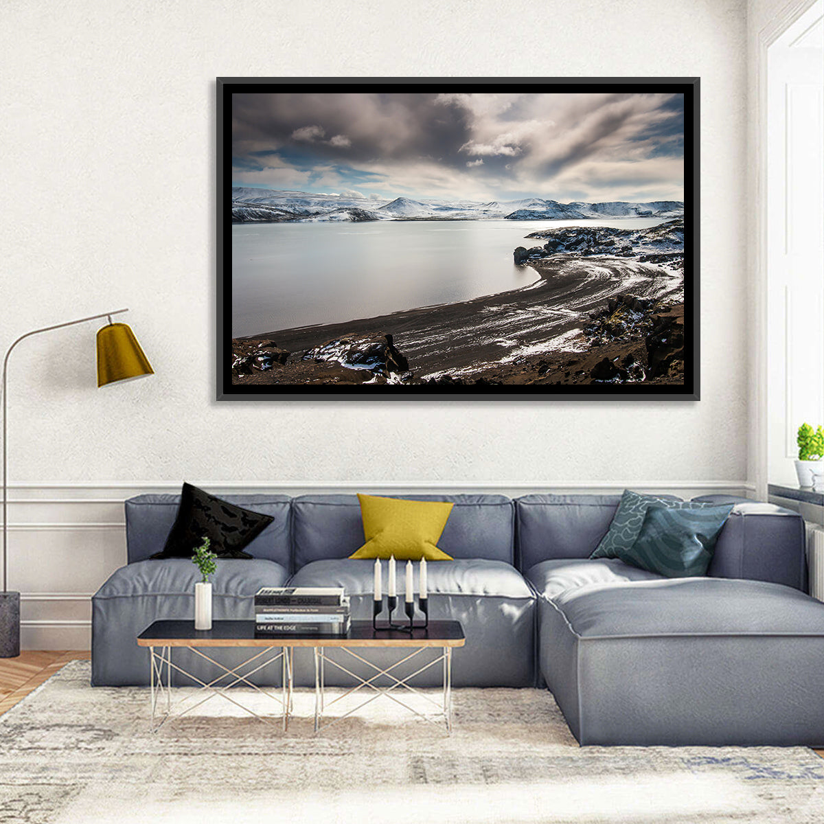 Kleifarvatn Black Sand Shore Wall Art in a room, landscape