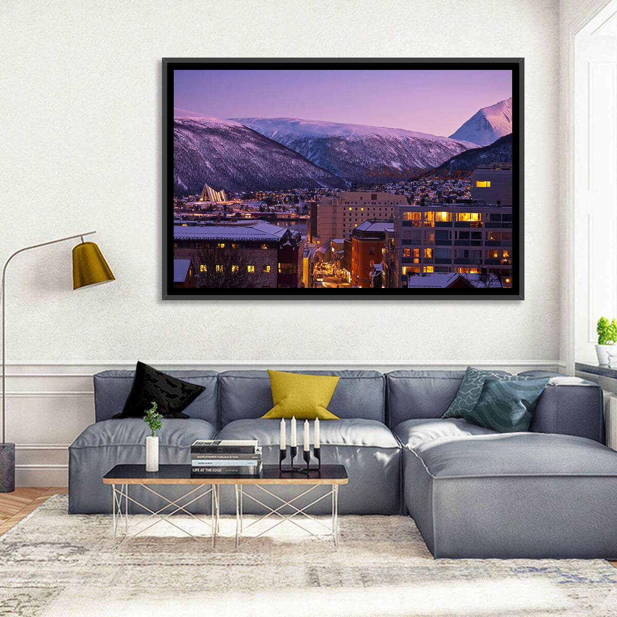 Tromsø Twilight Cityscape Wall Art in a room, landscape