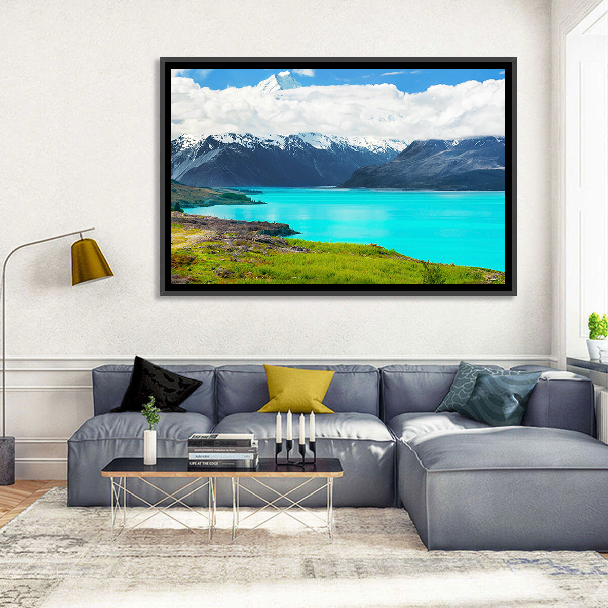 Turquoise Lake Pukaki with Mount Cook Wall Art in a room, landscape