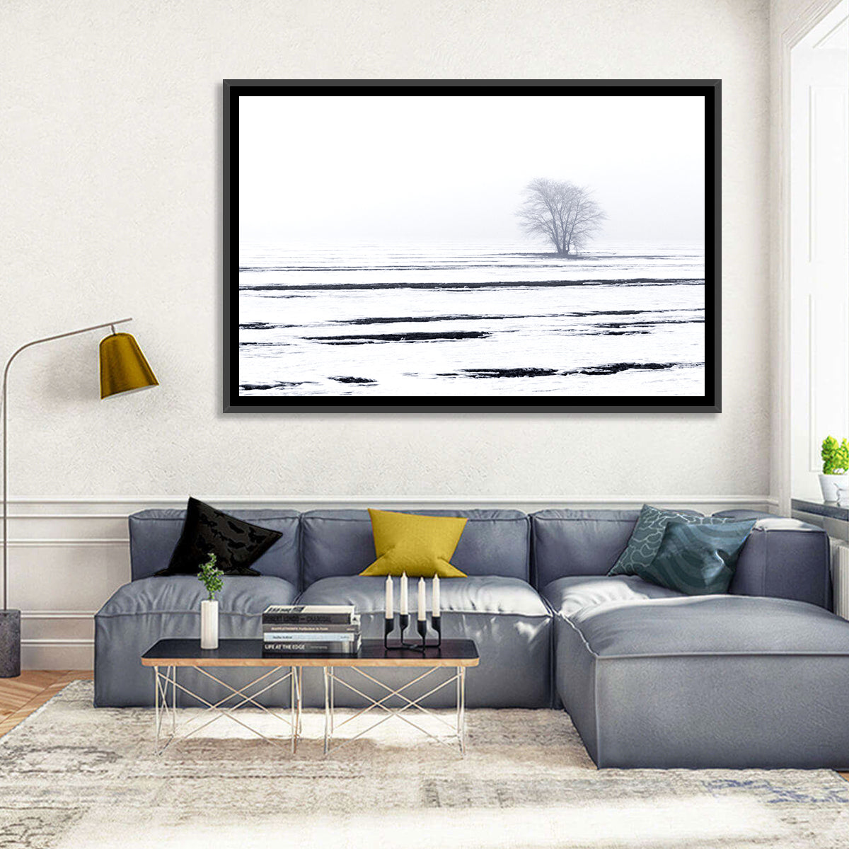 Foggy Winter Field with Lone Tree Wall Art in a room, landscape