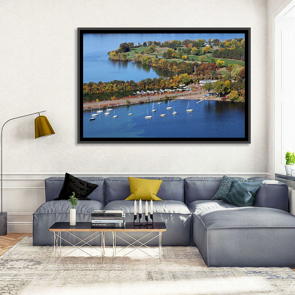 Lake Wissota Aerial Wall Art in a room, landscape
