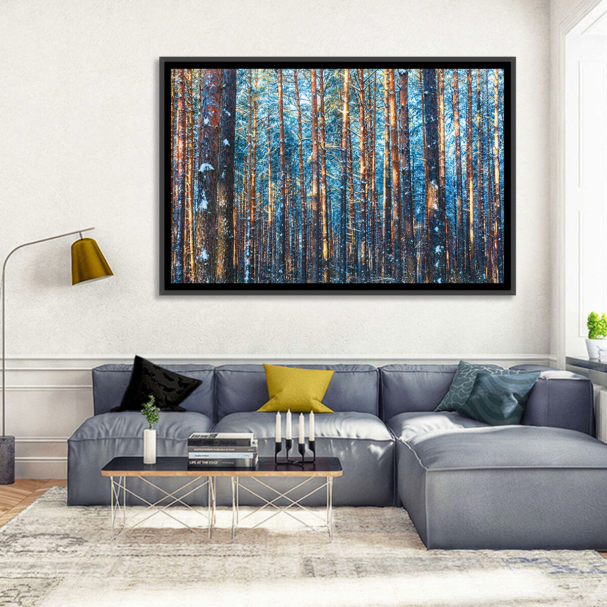 Golden Hour Winter Pine Forest Wall Art in a room, landscape